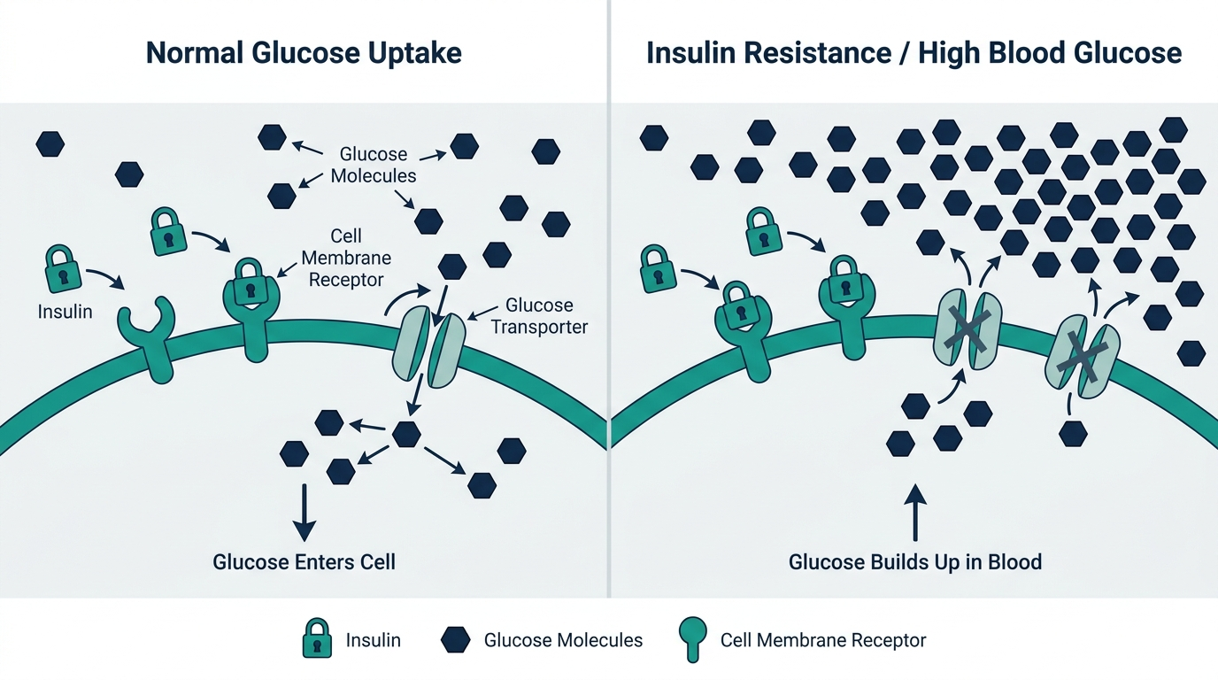 Diagram comparing normal insulin-driven glucose uptake into a cell versus insulin resistance causing glucose to build up in the blood