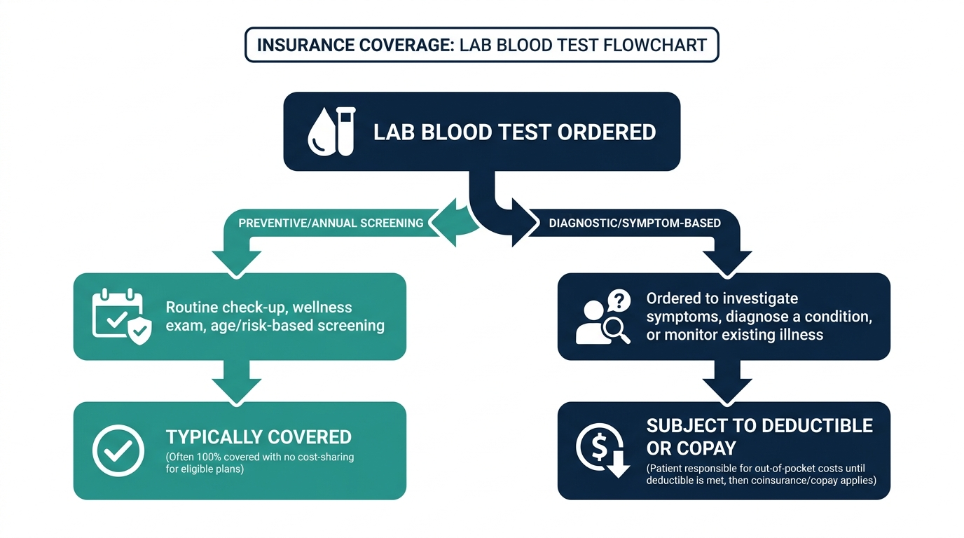Decision flowchart showing preventive screening tests as typically covered versus diagnostic tests subject to deductible or copay