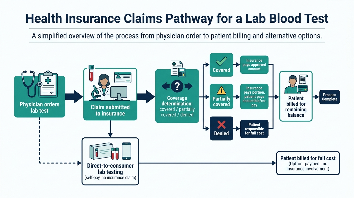 Flowchart of the health insurance claims pathway for a physician-ordered lab test, from ordering through coverage determination to patient billing