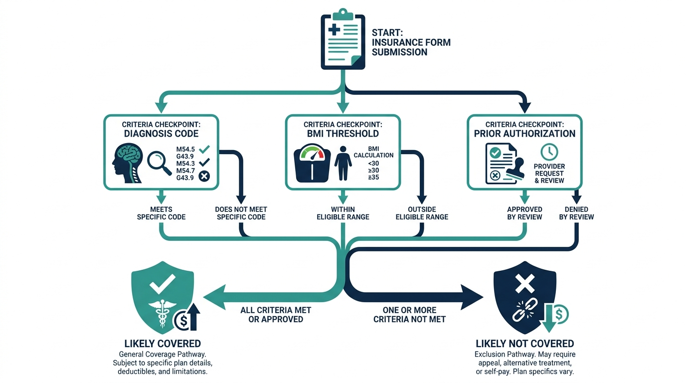 Decision flowchart showing generic insurance criteria checkpoints leading to likely covered or likely not covered outcomes