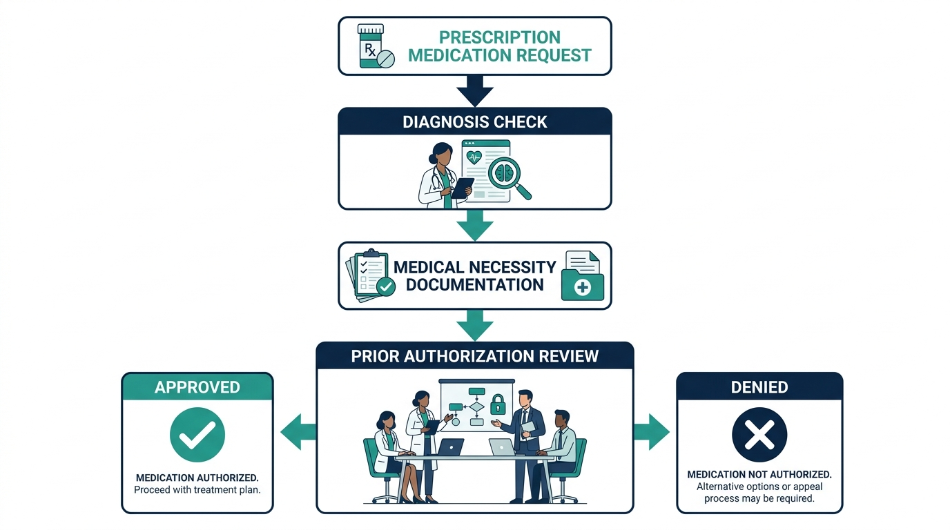 Flowchart of a typical insurance prior authorization decision path for a prescription medication