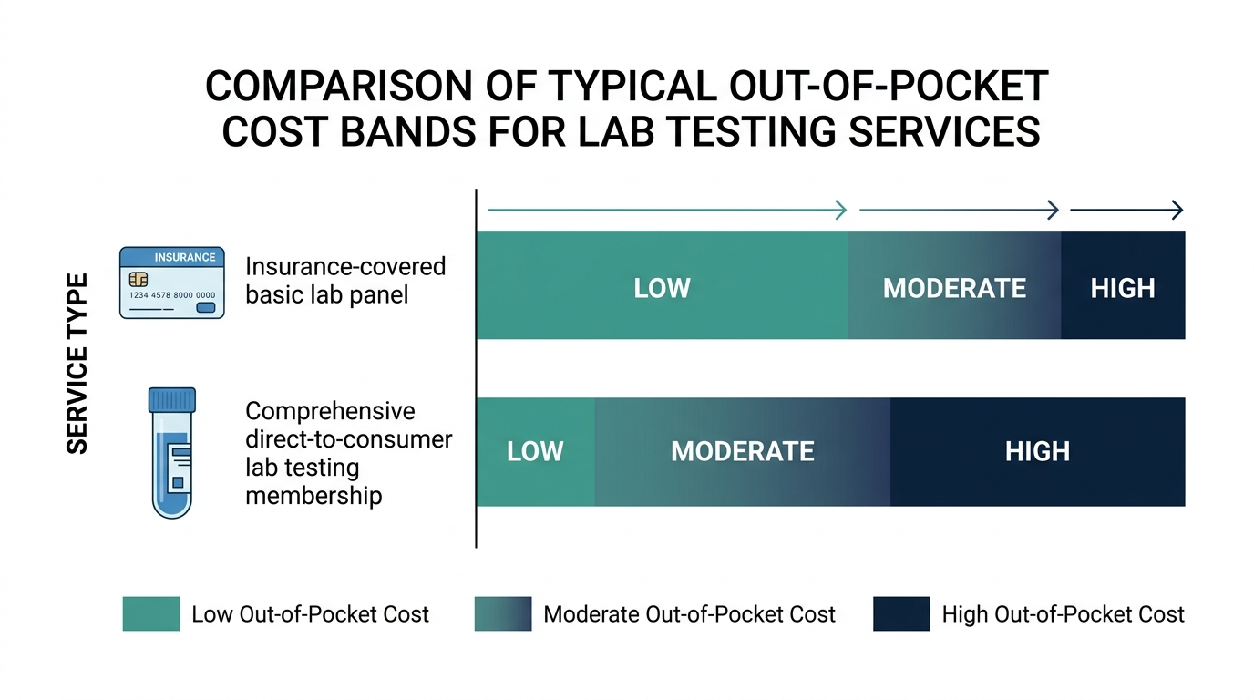 Schematic chart comparing low, moderate, and high out-of-pocket cost bands for an insurance-covered basic lab panel versus a comprehensive direct-to-consumer testing membership