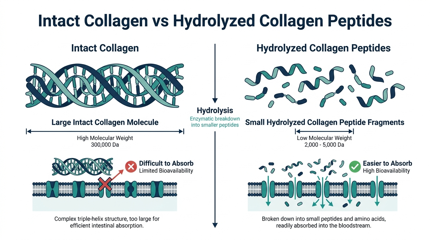 Schematic comparison of a large intact collagen protein molecule versus small hydrolyzed collagen peptide fragments
