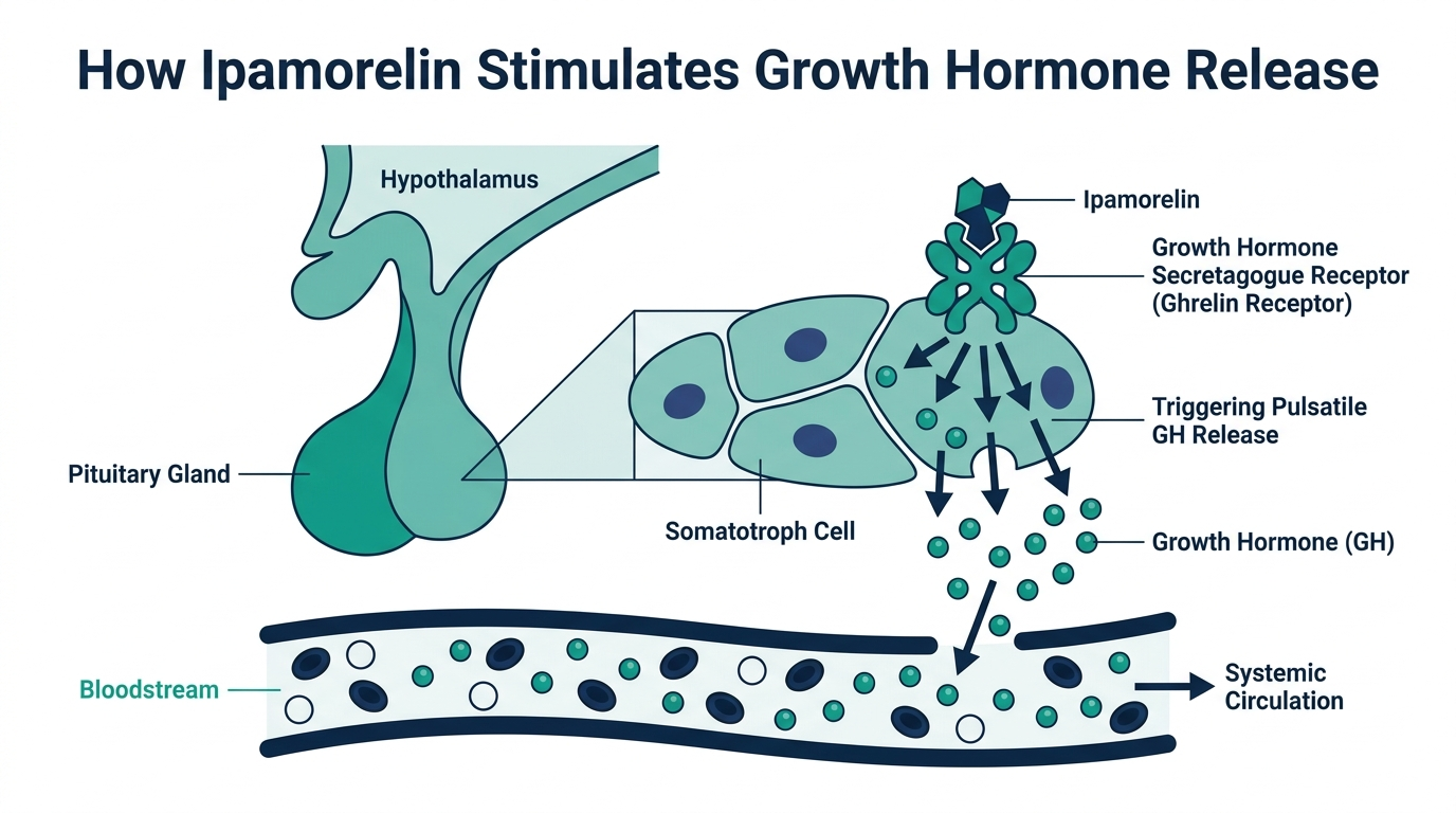 Diagram of the pituitary gland showing ipamorelin binding to the growth hormone secretagogue receptor and triggering pulsatile growth hormone release