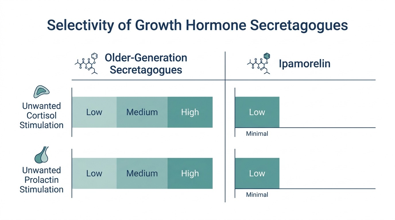 Chart comparing ipamorelin against older growth hormone secretagogues for unwanted cortisol and prolactin stimulation