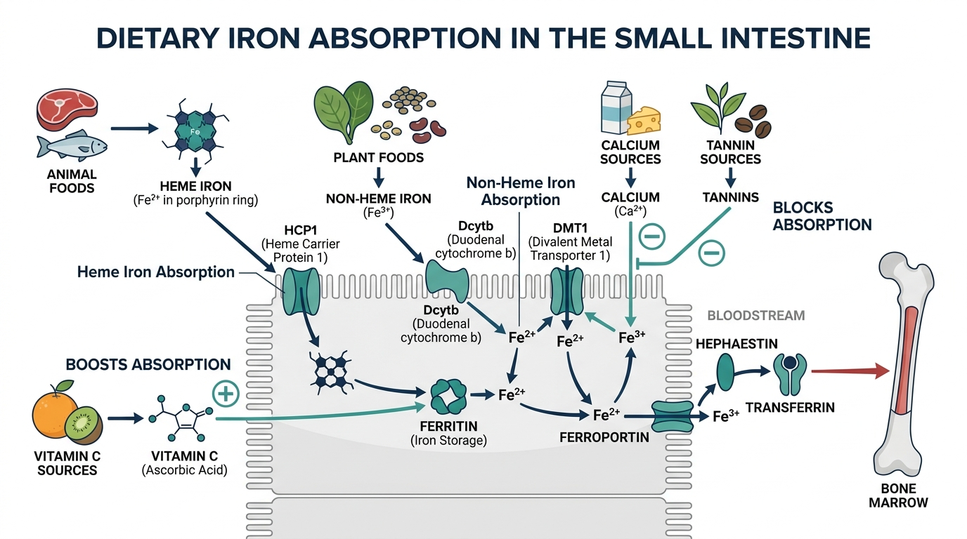 Diagram of dietary iron absorption in the intestine showing heme and non-heme iron, with vitamin C boosting and calcium blocking absorption
