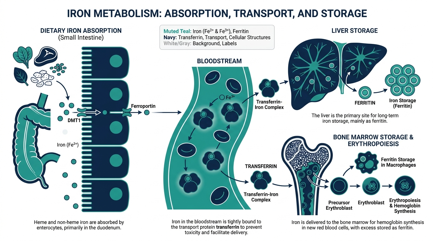 Diagram of iron absorption in the intestine, transferrin transport, and ferritin storage in liver and bone marrow