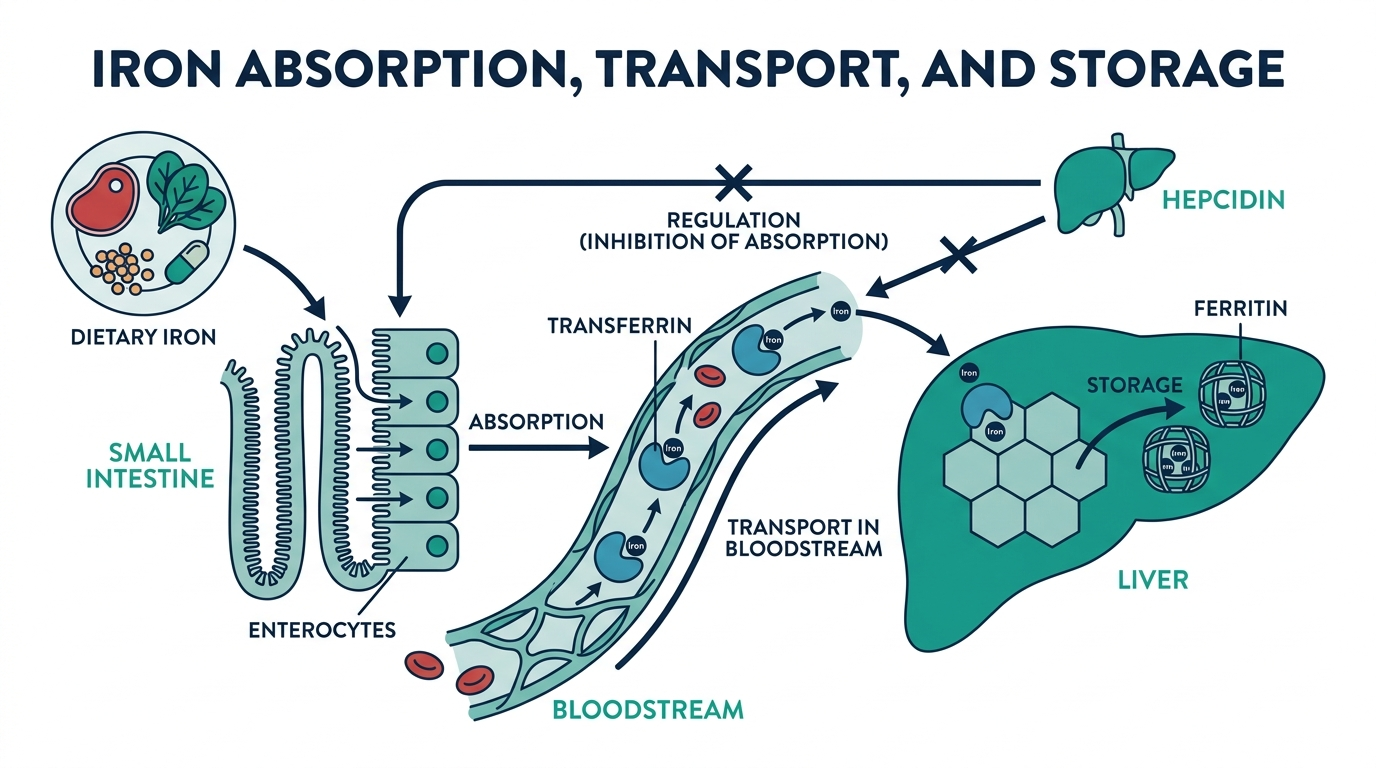 Diagram of iron absorption, transferrin transport, and ferritin storage in the liver