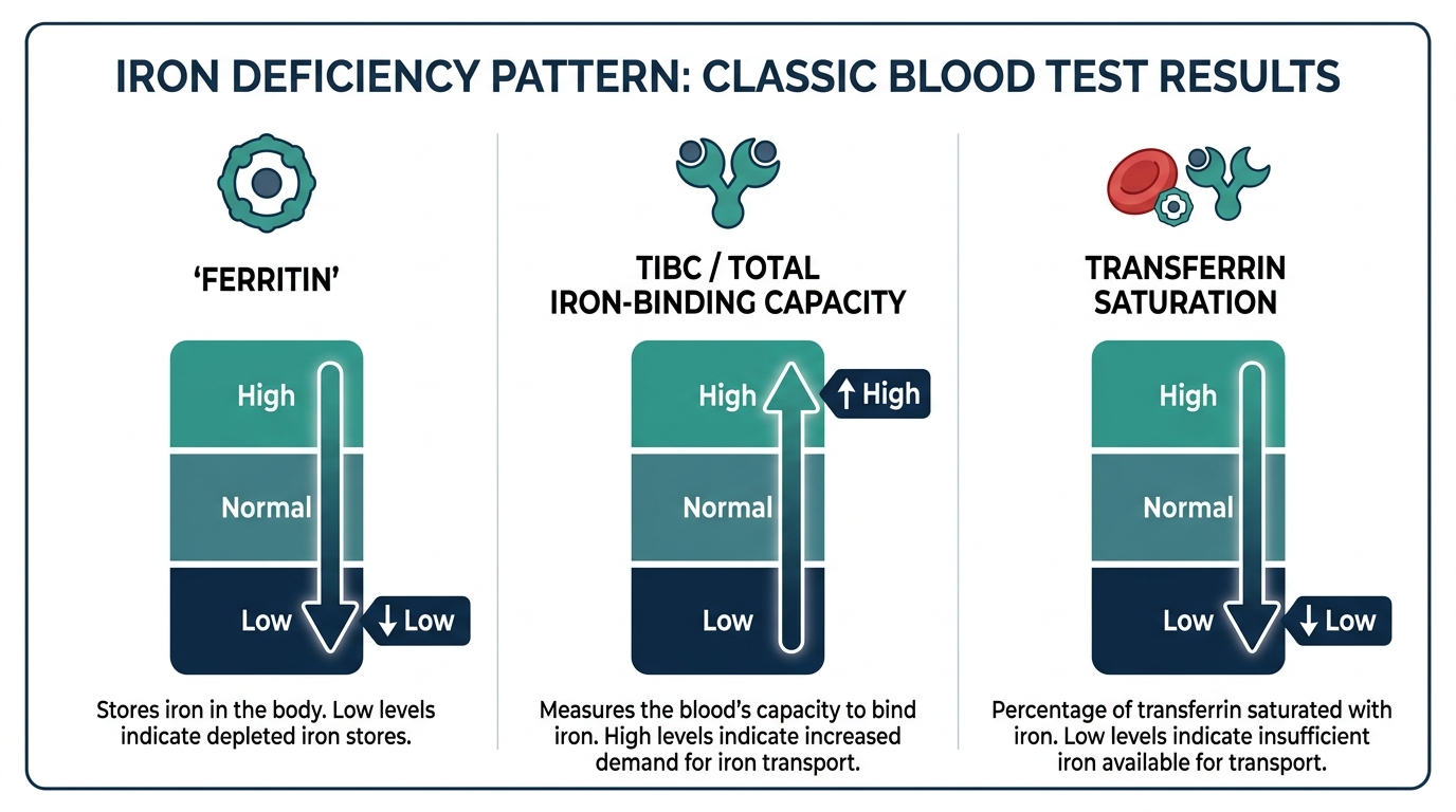 Comparison chart of ferritin, TIBC, and transferrin saturation showing the classic low-ferritin, high-TIBC, low-saturation pattern of iron deficiency