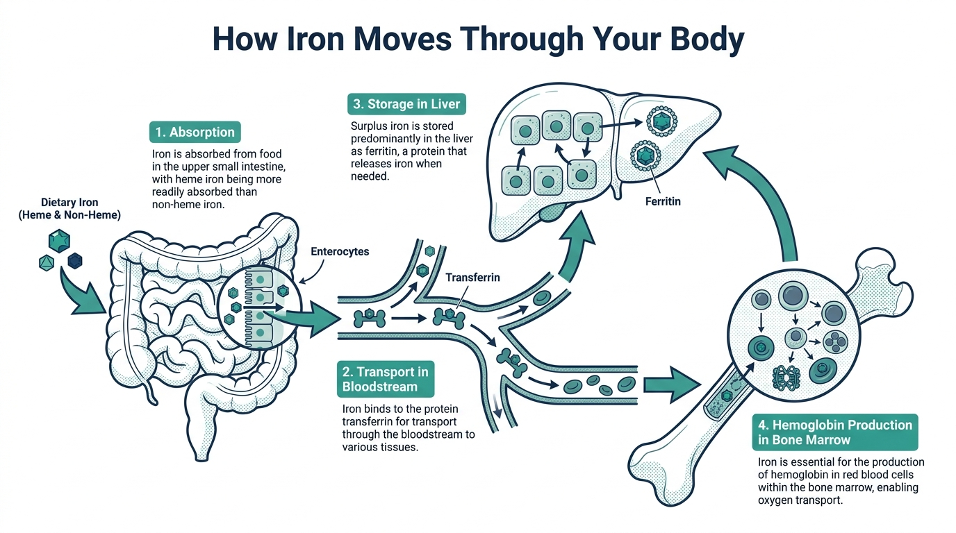 Diagram showing how iron is absorbed, transported, stored, and used in the body
