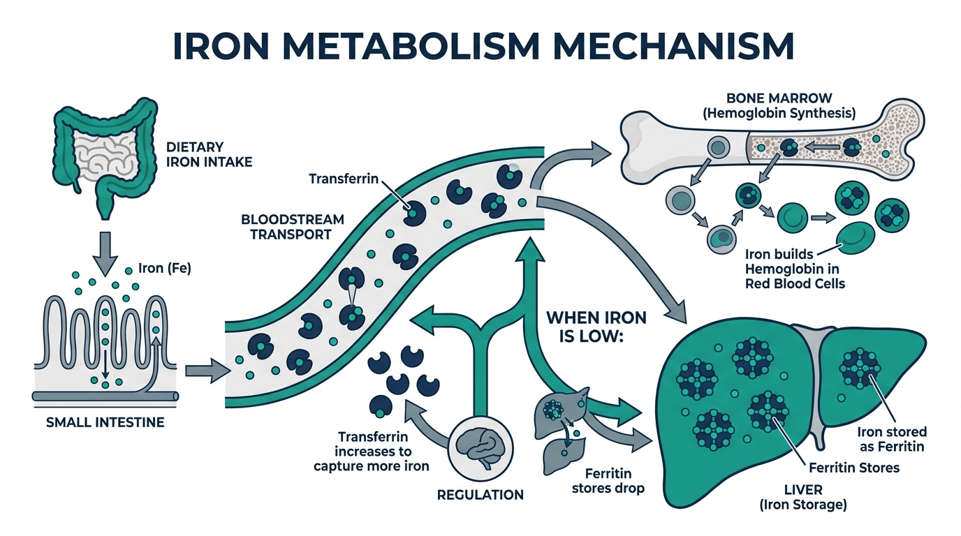 Diagram of iron metabolism from intestinal absorption through transferrin transport, bone marrow use, and ferritin storage, showing changes when iron is low