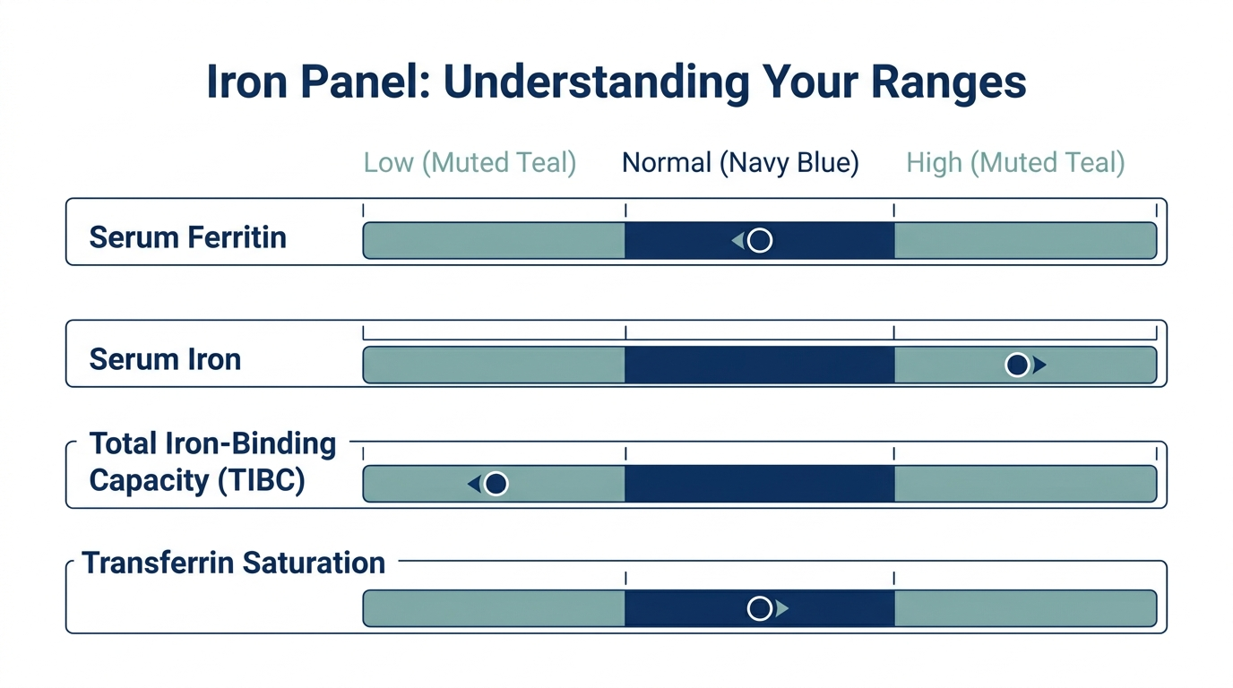 Schematic chart showing low, normal, and high reference bands for iron panel markers