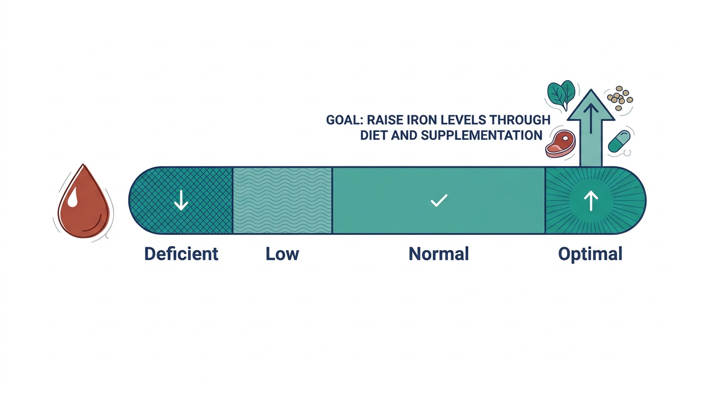 Schematic chart of iron status bands from deficient to optimal, illustrating the goal of raising low iron levels