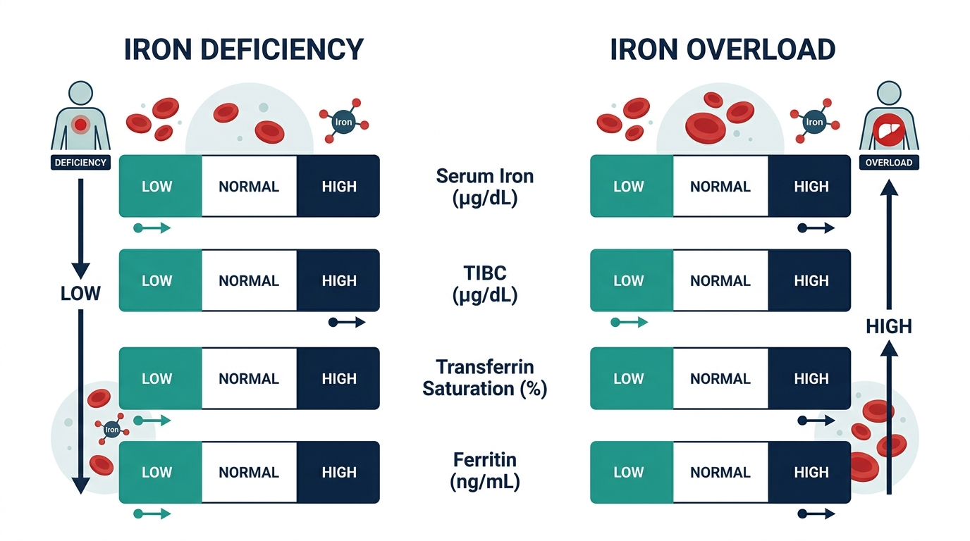 Comparison chart of reference-range bars for Serum Iron, TIBC, Transferrin Saturation, and Ferritin showing patterns of deficiency versus overload