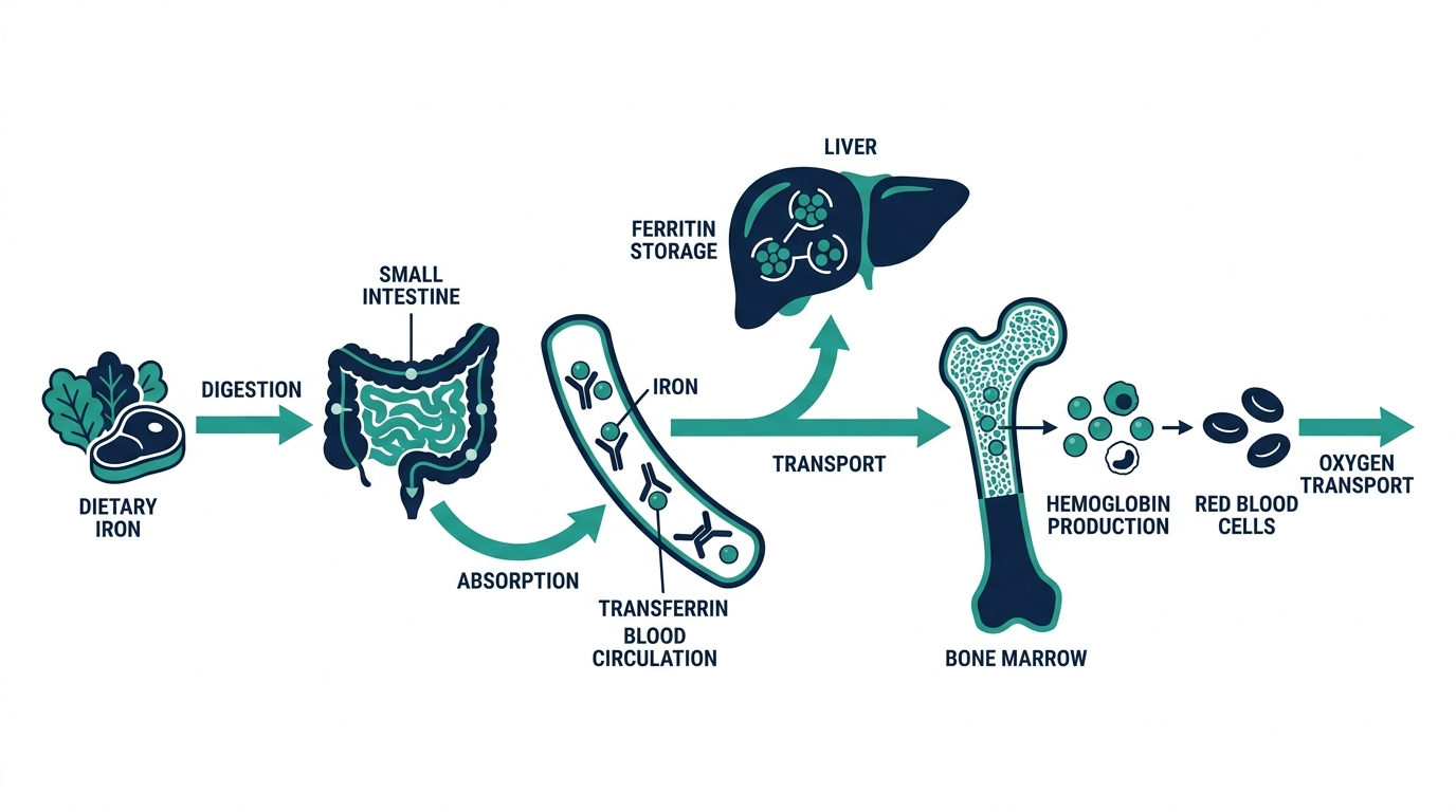 Diagram of the iron pathway showing absorption in the intestine, transport by transferrin, storage as ferritin, and use in bone marrow to make hemoglobin
