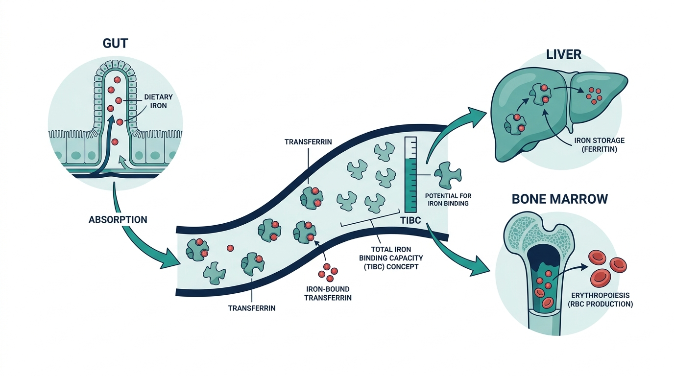 Diagram of dietary iron being absorbed in the gut, binding to transferrin in the blood, and traveling to the liver and bone marrow