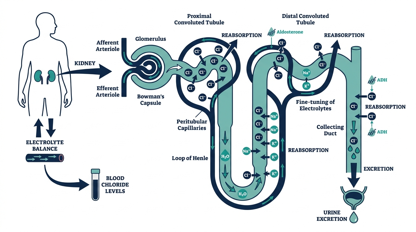 Diagram of kidney nephron regulating chloride ion reabsorption and blood electrolyte balance