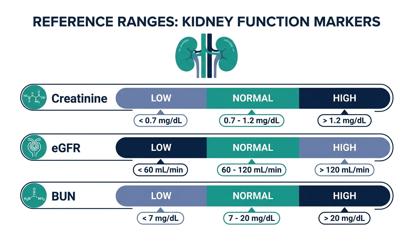 Reference range chart for creatinine, eGFR, and BUN kidney function markers with low, normal, and high bands