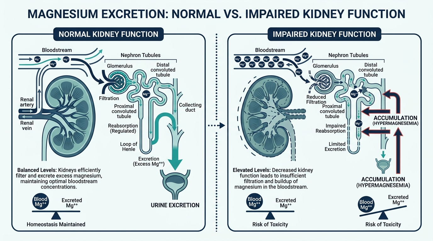 Diagram comparing normal kidney excretion of magnesium to impaired kidney function causing magnesium to accumulate in the blood