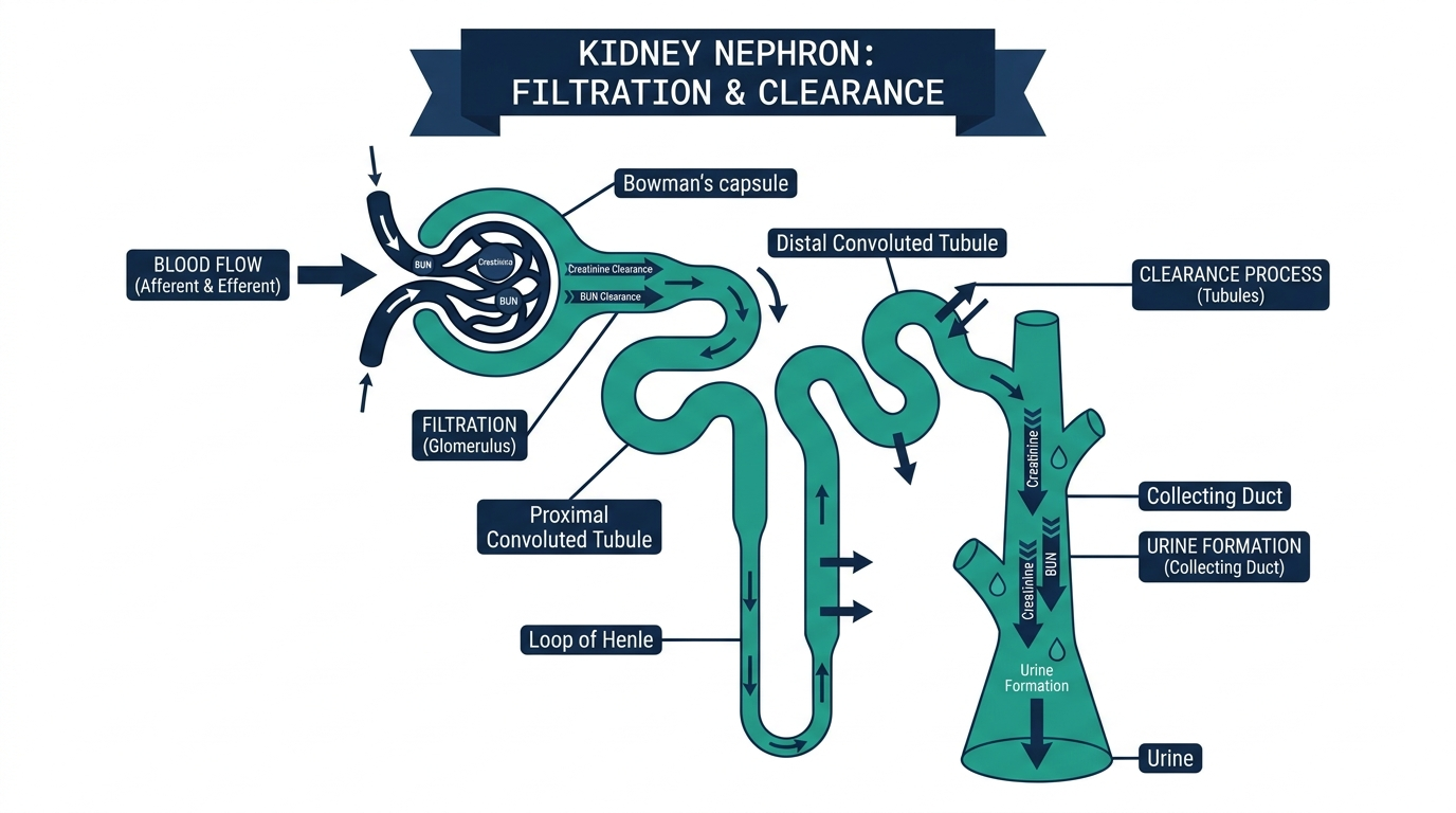 Anatomical diagram of a kidney nephron filtering creatinine and BUN from the bloodstream into urine