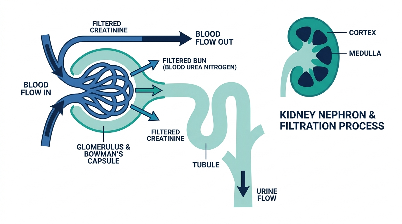 Anatomical diagram of a kidney nephron and glomerulus filtering creatinine and BUN from the bloodstream