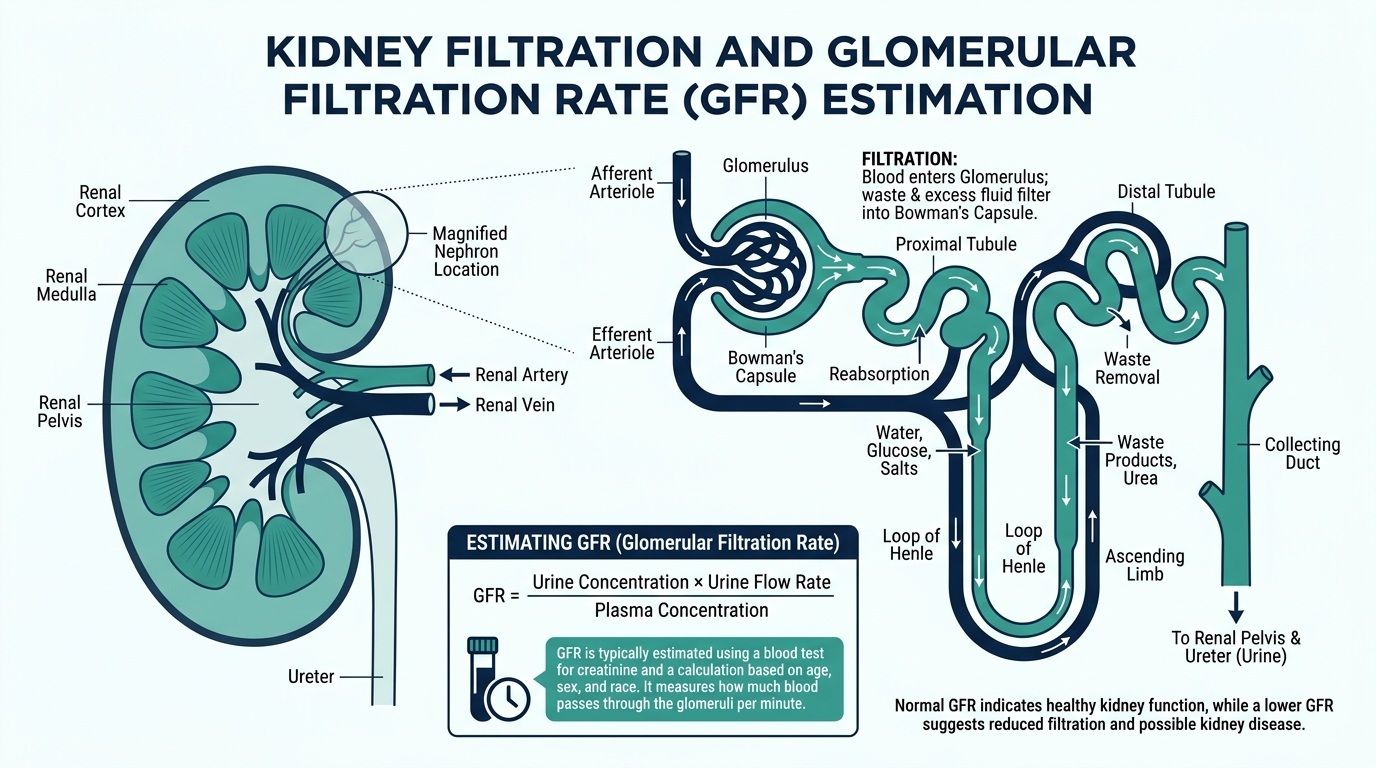 Anatomical diagram of the kidney and nephron showing blood filtration through the glomerulus