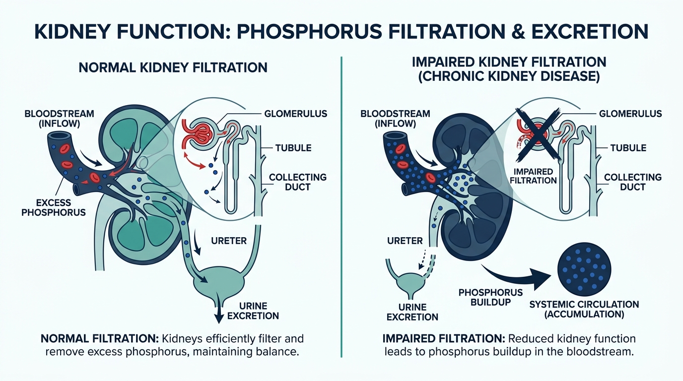 Diagram comparing normal kidney filtration of phosphorus to impaired kidney filtration causing phosphorus to build up in the blood
