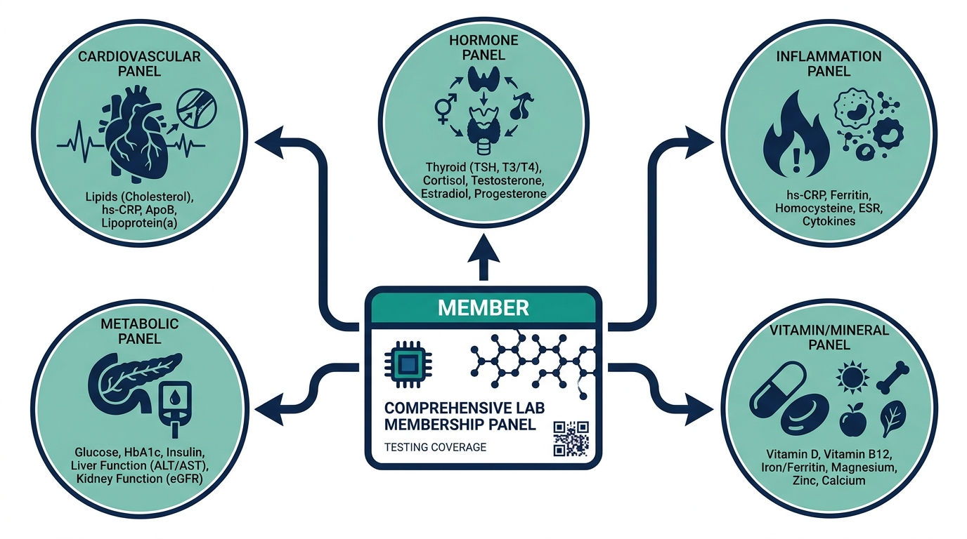Diagram of a comprehensive lab membership panel covering cardiovascular, metabolic, hormone, inflammation, and vitamin categories