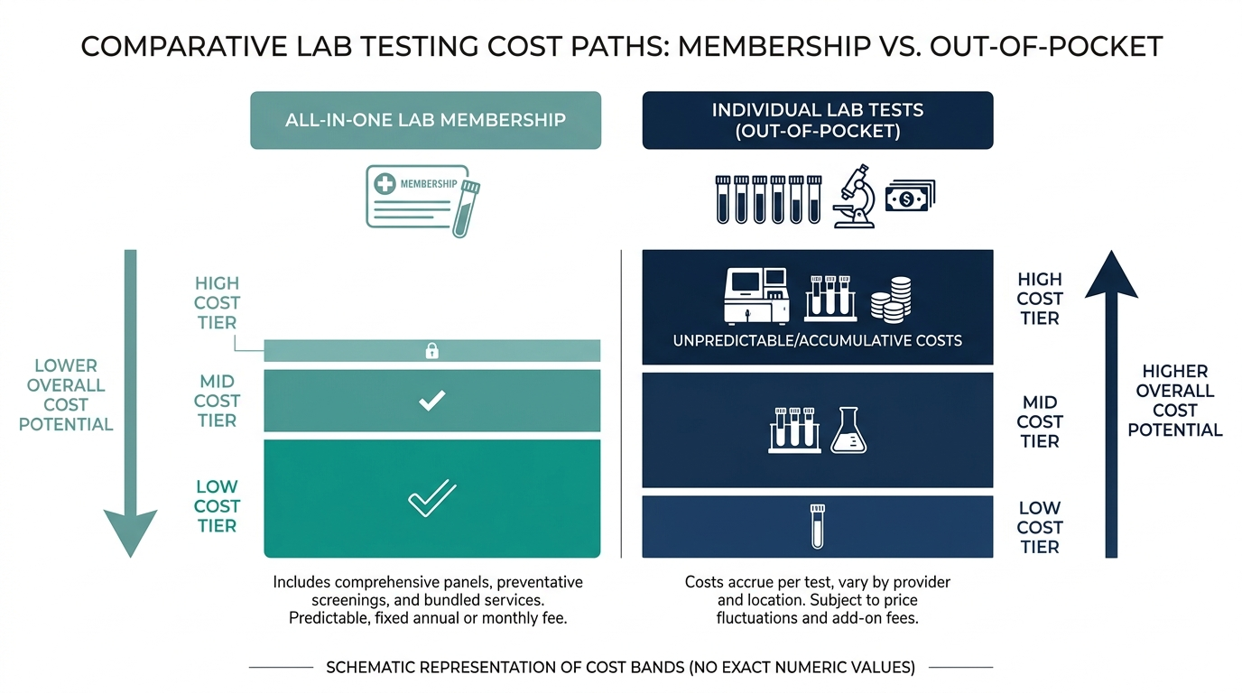 Schematic chart comparing cost bands of an all-in-one lab membership versus paying for individual tests