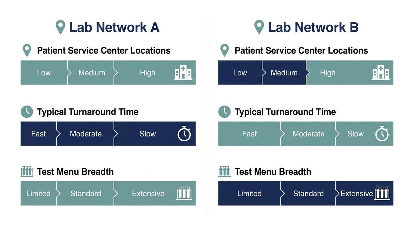 Schematic chart comparing two lab networks on patient service center locations, turnaround time, and test menu breadth