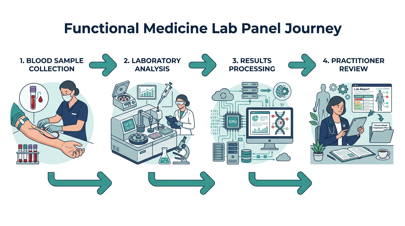 Four-step pathway diagram of a functional medicine lab panel from blood collection to lab analysis to practitioner review