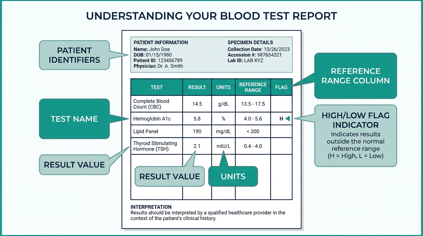 Annotated diagram of a blood test lab report showing patient info, result value, reference range, and flag indicator