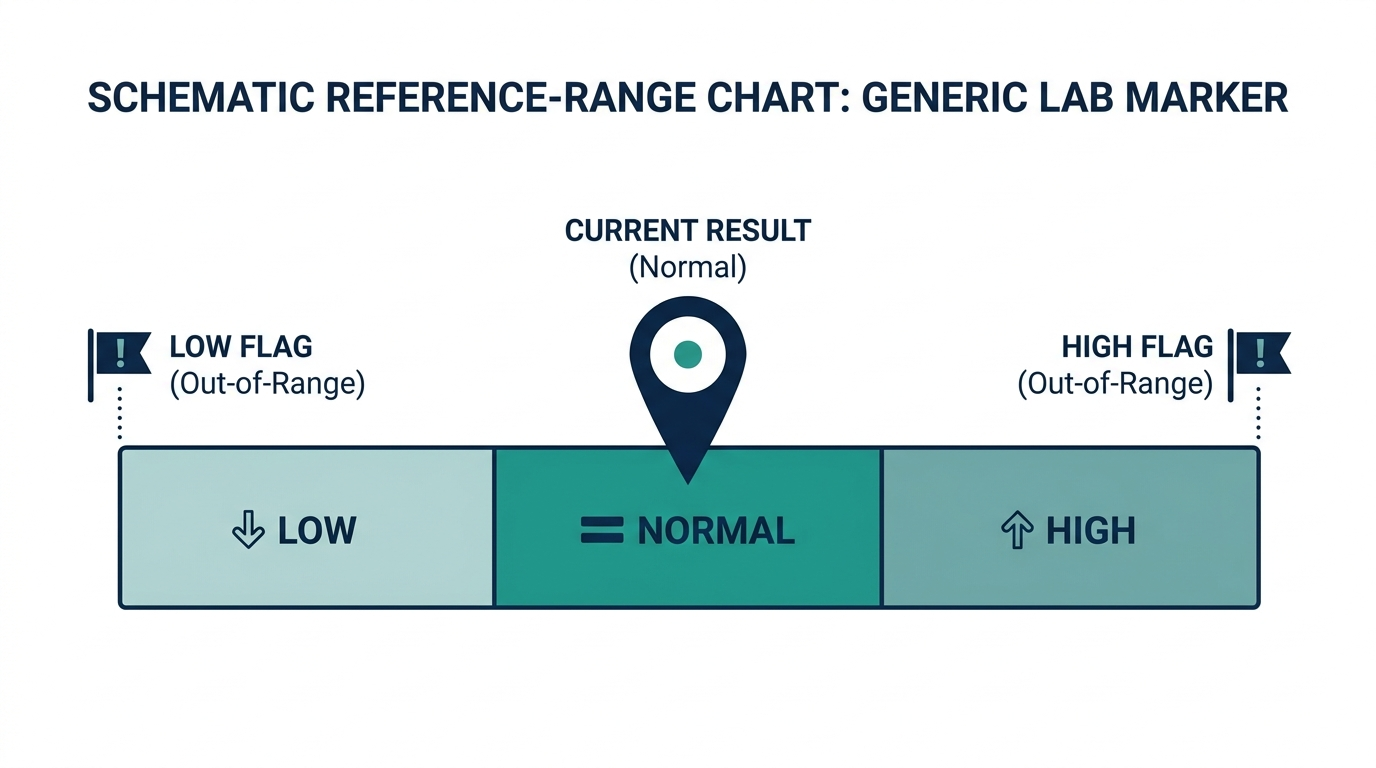 Chart showing a lab marker plotted within low, normal, and high reference bands with flag indicators