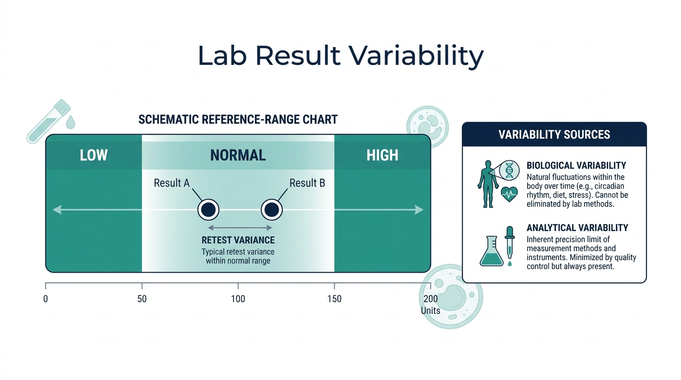 Schematic reference-range chart showing low, normal, and high bands with two retest results plotted close together