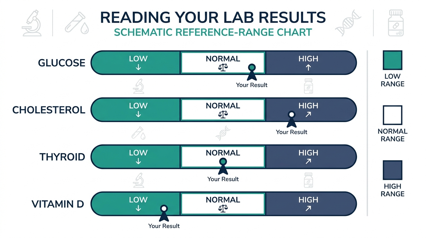 Schematic reference-range chart showing low, normal, and high bands for common biomarkers