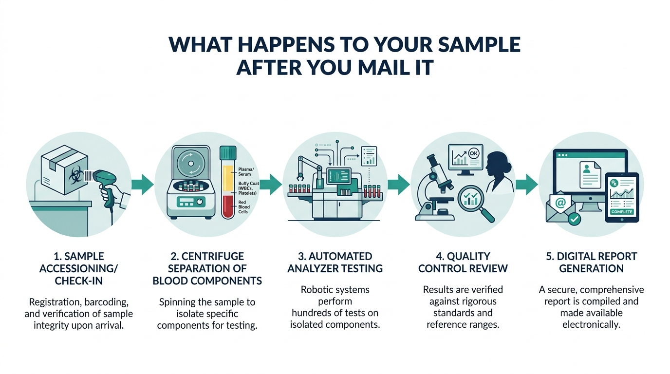 Flow diagram of what happens to a blood sample after it is mailed to a lab