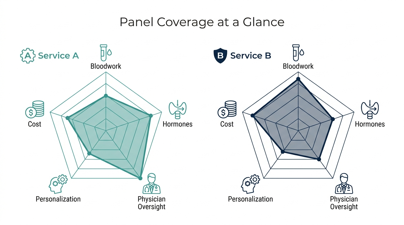 Schematic radar chart comparing two lab services across bloodwork, hormones, physician oversight, personalization, and cost