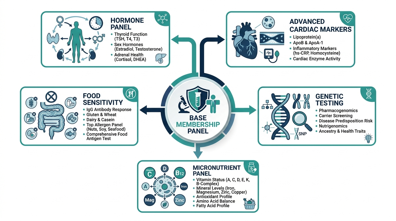 Diagram showing a base lab testing membership panel with optional add-on test modules for hormones, cardiac markers, food sensitivity, genetics, and micronutrients