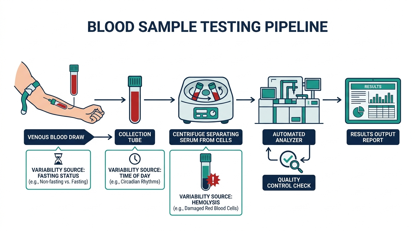 Diagram of the blood testing pipeline from draw to results, showing sources of lab variability