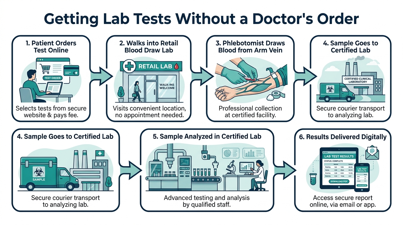 Flow diagram of the steps to get lab tests without a doctor's order