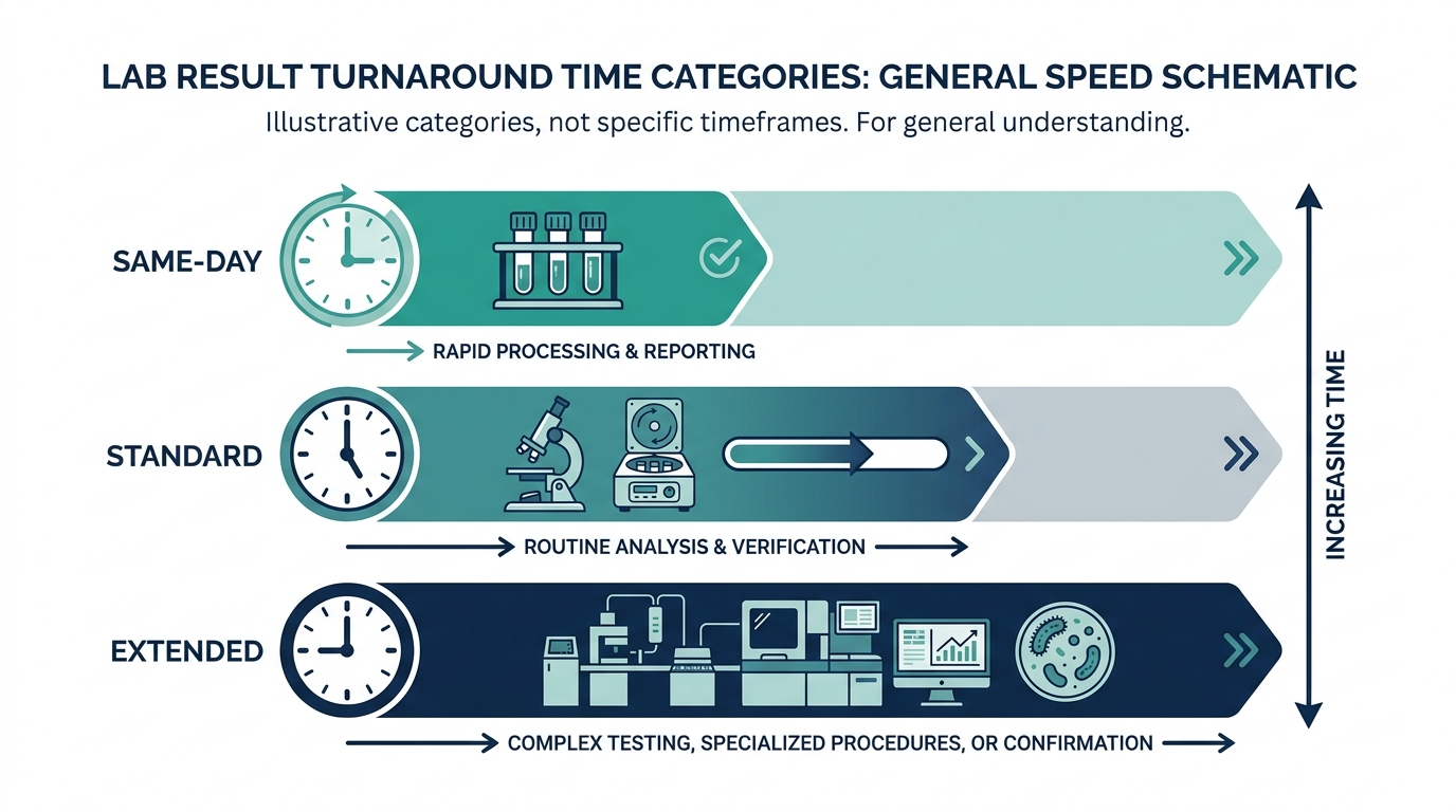 Schematic chart of Same-Day, Standard, and Extended turnaround-time bands for lab results