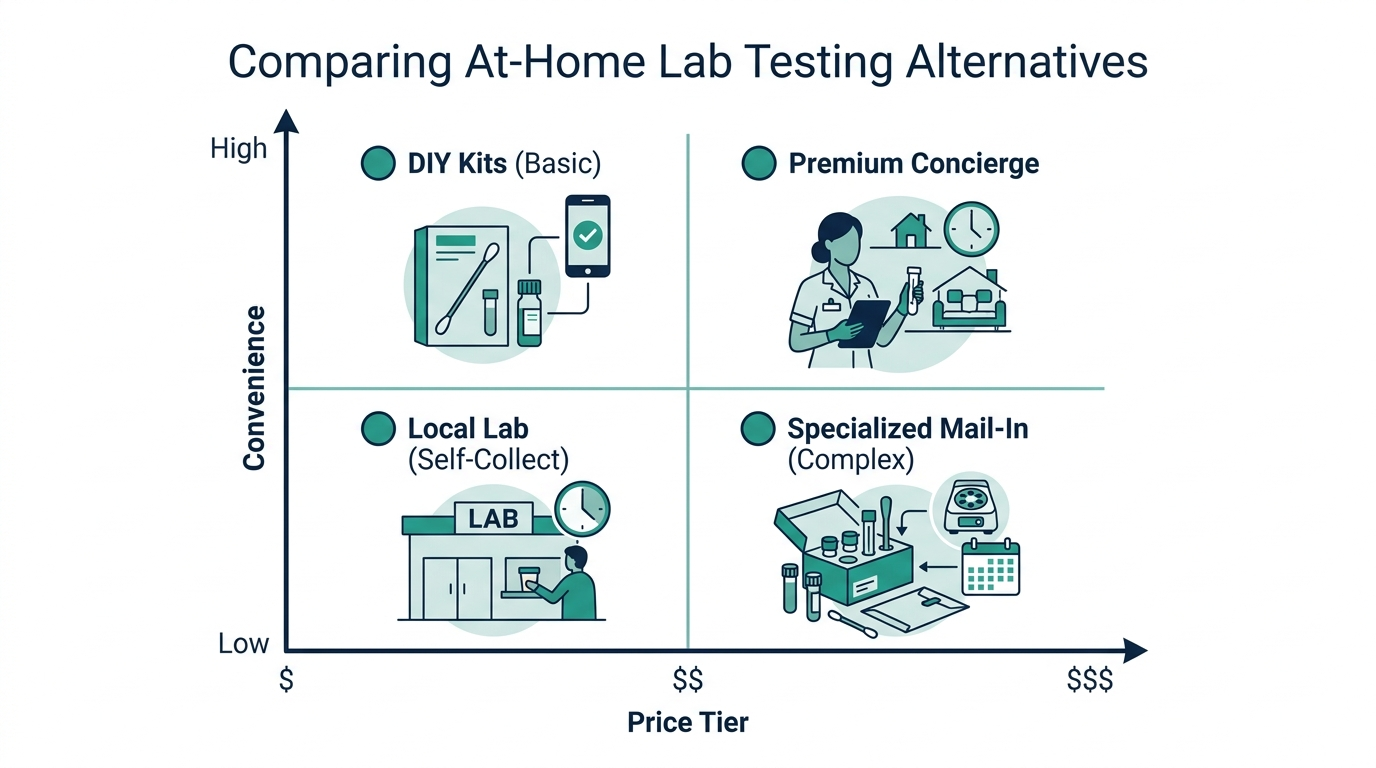 Quadrant chart comparing at-home lab testing alternatives by price tier and convenience