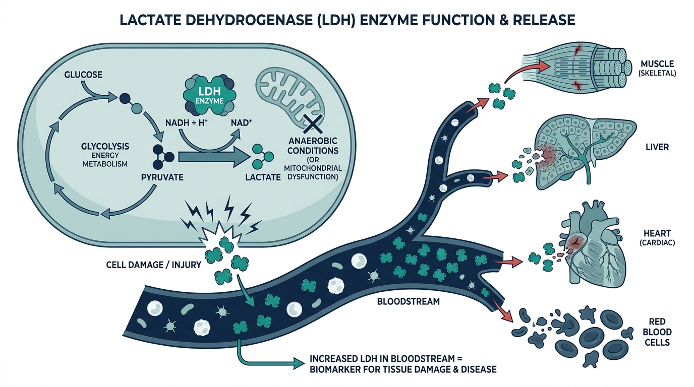 Diagram of LDH enzyme function in glycolysis and its release into the bloodstream from muscle, liver, heart, and red blood cells