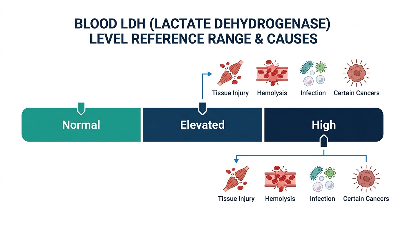Reference range chart showing normal, elevated, and high LDH bands with possible causes