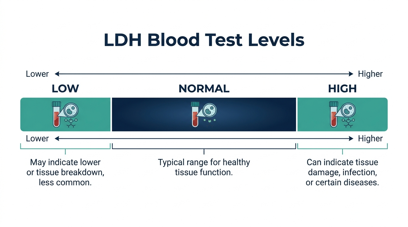 Schematic chart showing low, normal, and high LDH blood test reference bands