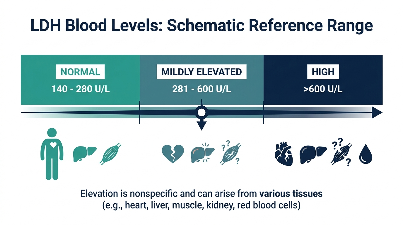 Reference range chart showing normal, mildly elevated, and high LDH blood level bands with a note that elevation is nonspecific