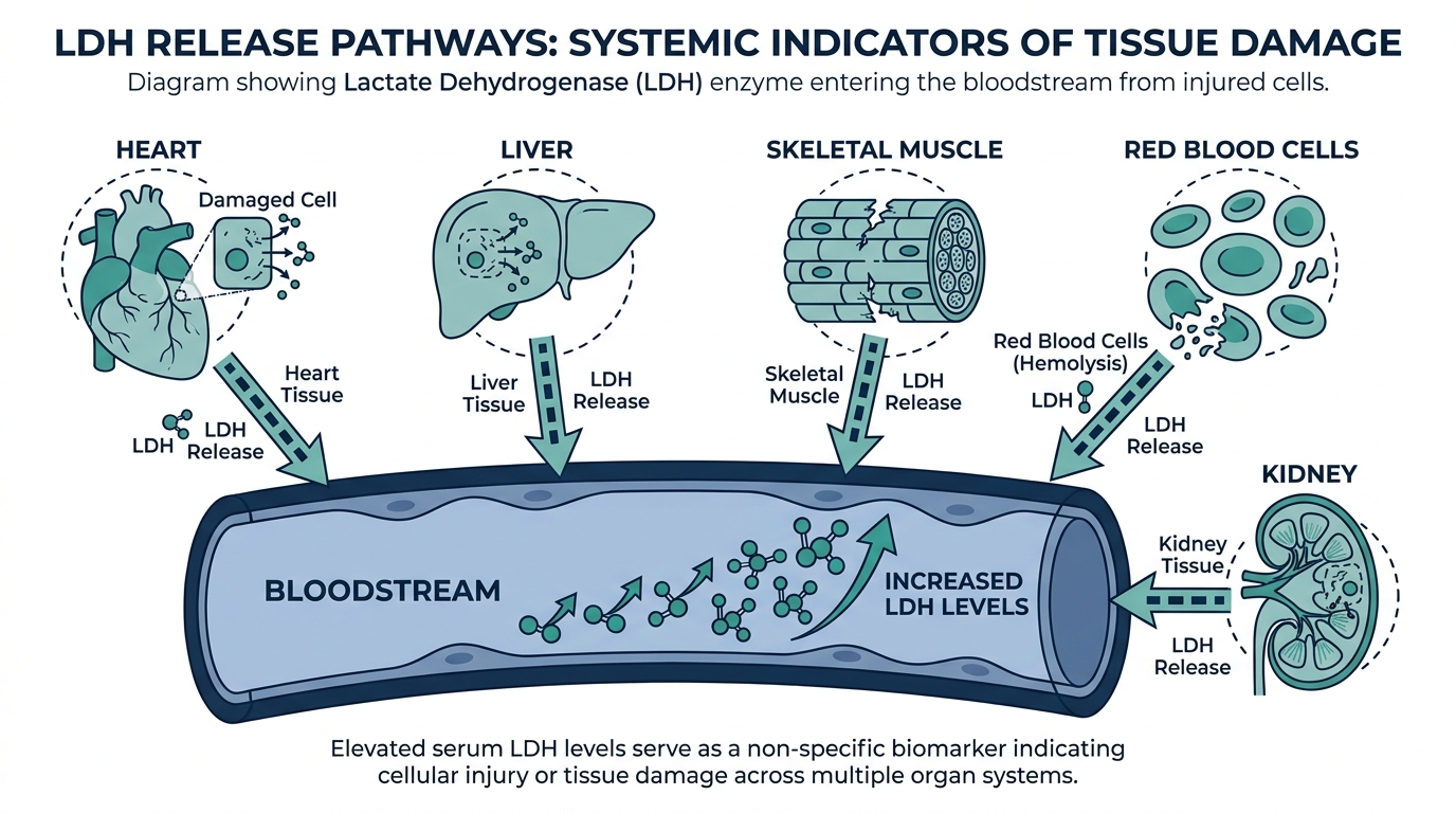 Diagram of LDH enzyme release into the bloodstream from damaged tissues