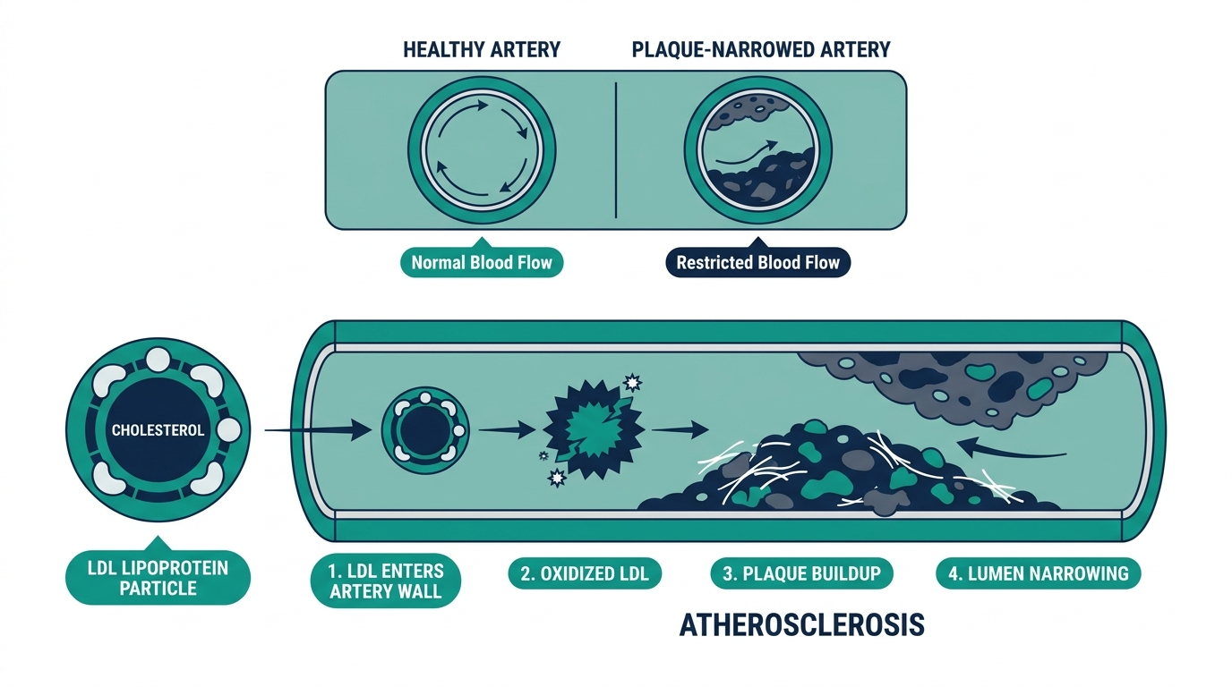 Diagram comparing a healthy artery to one narrowed by LDL cholesterol plaque buildup (atherosclerosis)