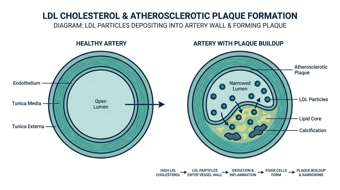 Diagram comparing a healthy artery to a narrowed artery with LDL cholesterol plaque buildup in the vessel wall