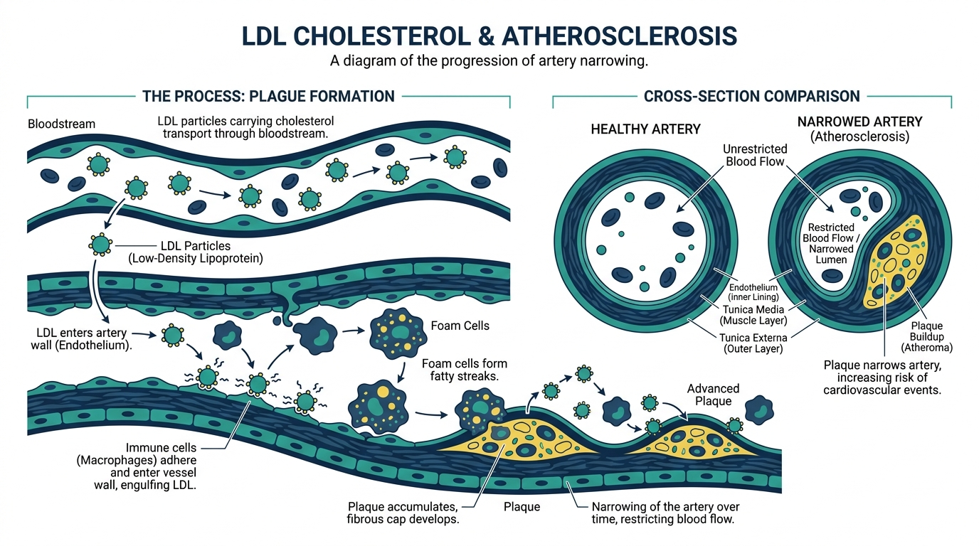 Diagram of LDL cholesterol depositing into an artery wall and forming plaque